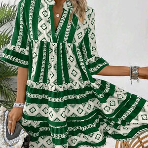 Women's Geometric Pattern Color Block Dress With Notch Neckline And Ruffle